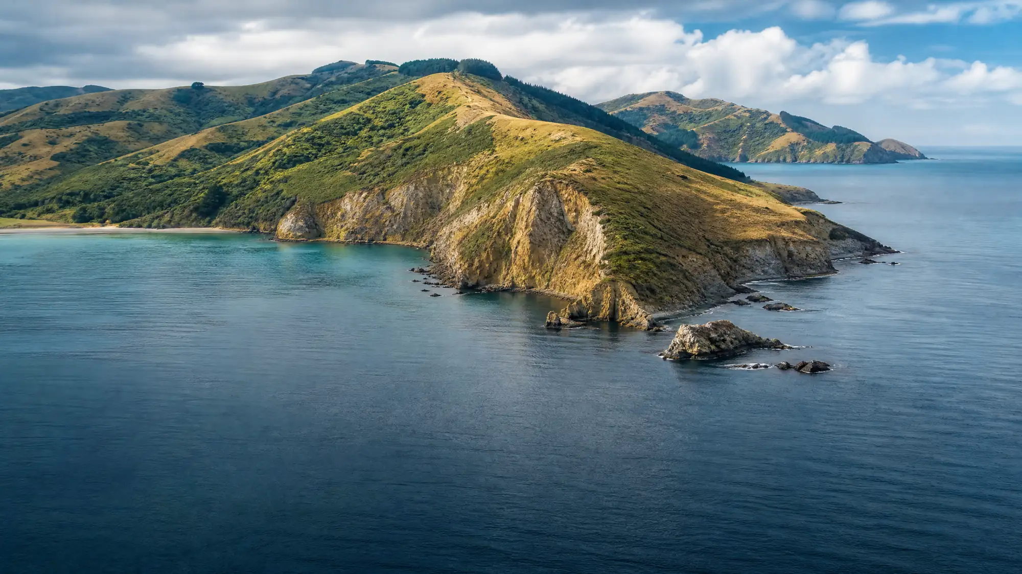 The Otago Peninsula is a 20-kilometre-long volcanic headland. It is known for its rare yellow-eyed penguins, royal albatross breeding colony, and historic Larnach Castle.