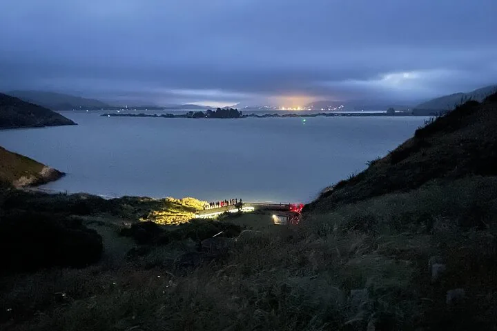 A group of people watch from a lit viewing platform near the water at dusk.